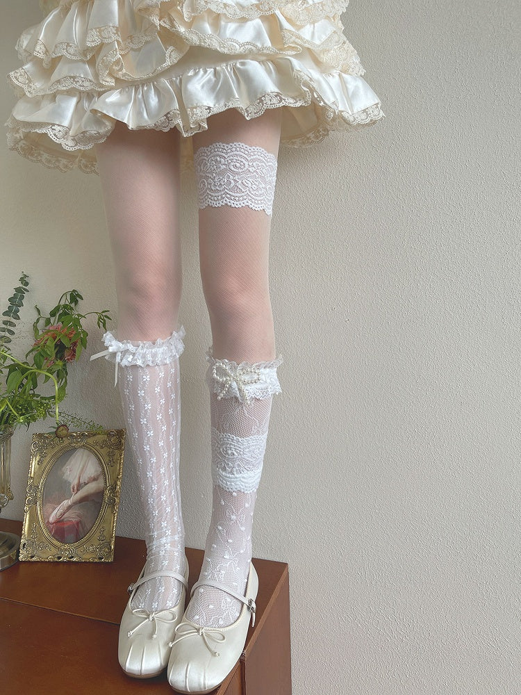 White Semi-sheer Tights/Beaded Bowknot Underknee Stockings/Floral Pattern Lace Trims Underknee Stockings/Tulle Socks/Lace Leg Loop