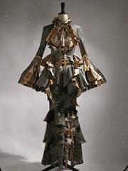 Dusty Green Under Bust Snakeskin Grain Jacket Cascading Ruffle Trim