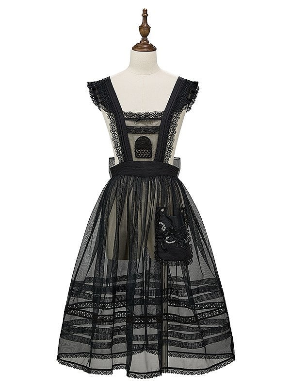 Black Lace-Trimmed Lolita Overdress with Embroidered Pocket
