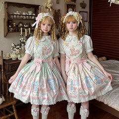 Teddy and Bunny Plush Toy Print Creamy White Sweet Lolita Overall Dress
