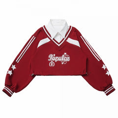 Wine Red/Navy Blue Faux Two-Piece Sweatshirt with Collegiate Star Print in Long/Short Version