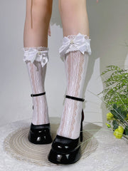 White Semi-sheer Bow and Heart Lace Trim Calf Socks