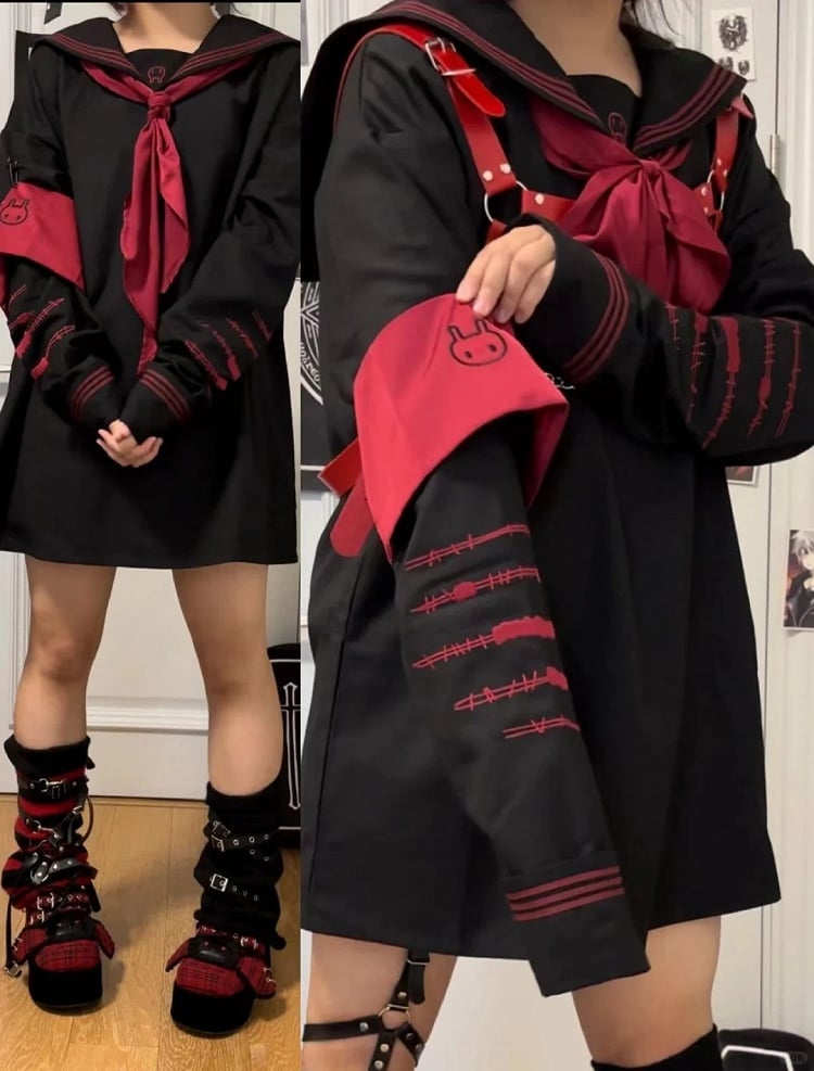 Landmine Style Sailor Collar Long Sleeve Top with Bunny & Scar Embroidery in 4 Colors