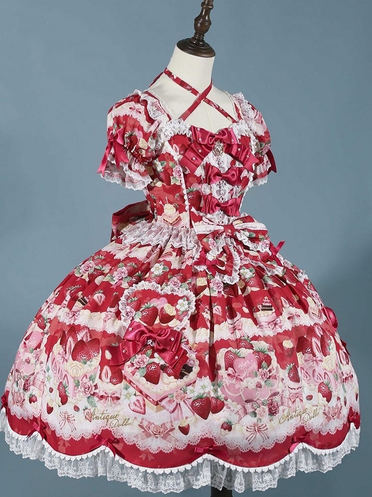 Red Strawberry Cake Print Sweet Lolita Dress with Scalloped Edge Trim and Bow Accents