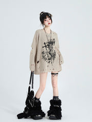 Shredded Holes Khaki Loose Sweater