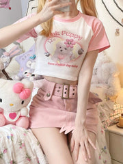 White & Pink Cute Puppy Print Cropped Top