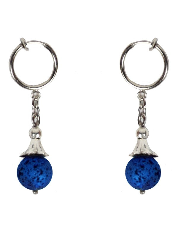 Steampunk Silver Ear Clips With Dark Blue Bead Charms