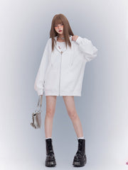 White Zip Closure Loose Sports Hoodie
