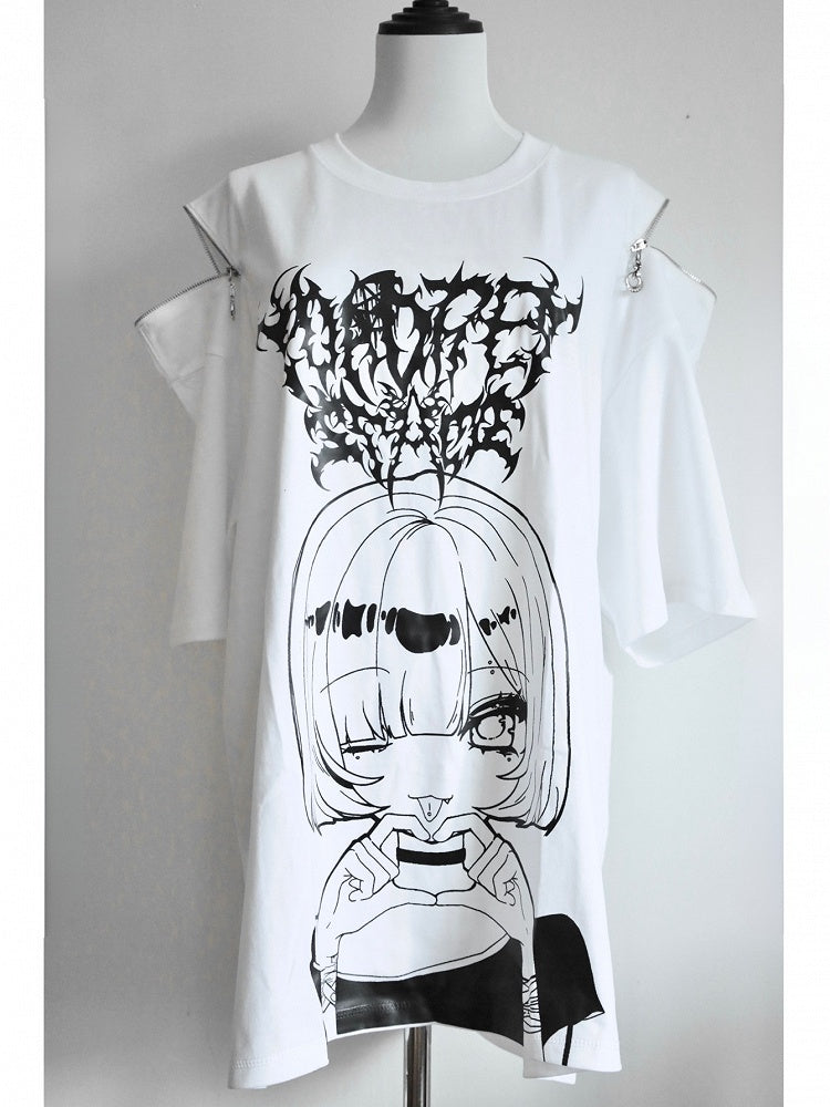White Jirai Kei Cartoon Girl Print Round Neck T-shirt