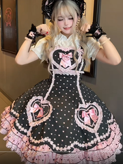 Black Lace-Trimmed Sweet Lolita Dress with Pink Heart Motifs and Bows