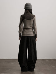 Urban Goth Brown & Gray Color-Block Design Long-Sleeve Top with Button Details