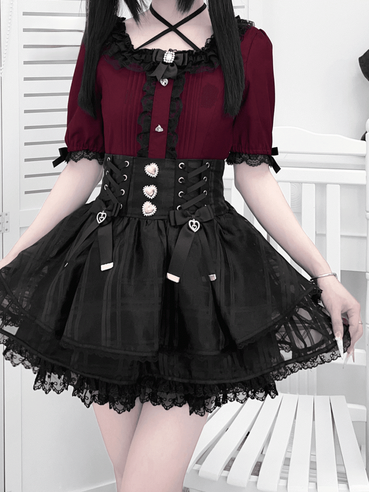 Wine Red Square Neckline Jirai Kei Blouse with Pleating Details & Heart Rhinestones