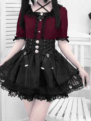 Wine Red Square Neckline Jirai Kei Blouse with Pleating Details & Heart Rhinestones