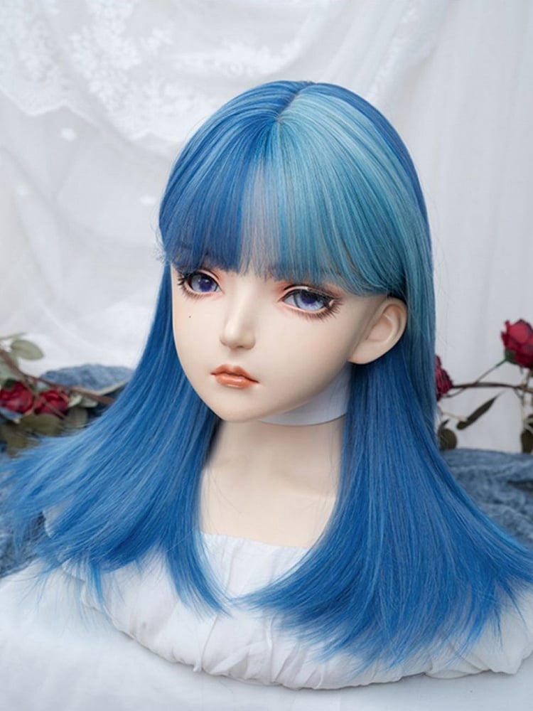 Split Color Bangs Cyan Highlights Sky Blue Straight  Synthetic Wig