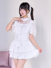 White Tiered Lace-Trimmed Skirt Jirai Kei Style Smocked Back Waist & Lace-up Corset Detail