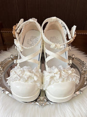 White Sweet Lolita Chunky High Block Heel Mary Janes in PU - Crisscross Straps, Bow Accents & Lace Trim