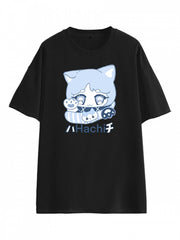 Chiikawa Hachiware Inspired Black Cute Kitty Print T-shirt