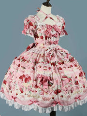 Pink Strawberry Cake Print Sweet Lolita Dress with Scalloped Edge Trim and Bow Accents
