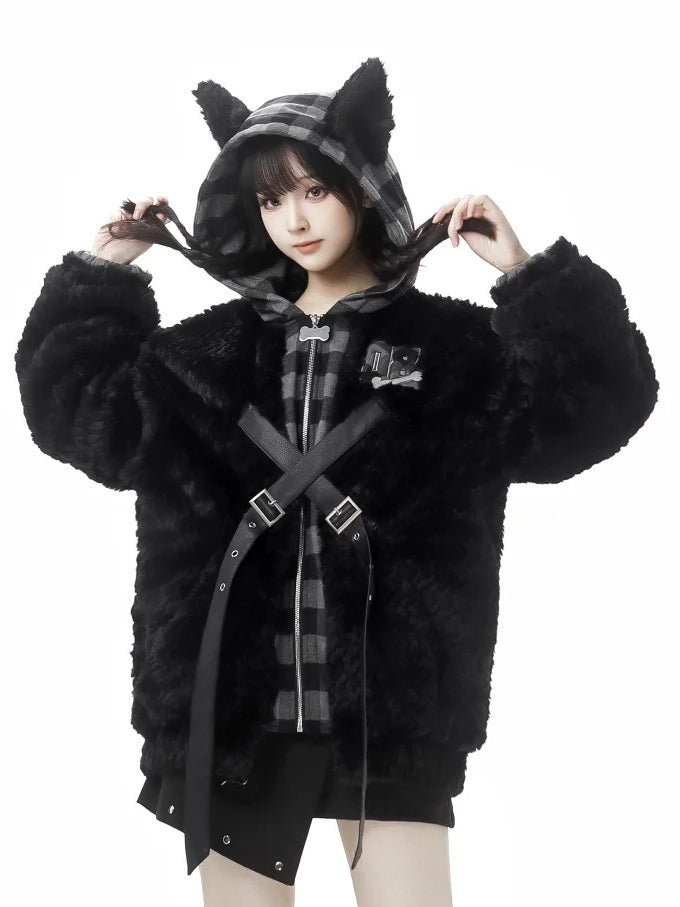 Winter Wolf Ears Design Plaid Hooded Black Plush Coat