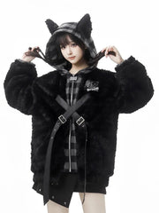 Winter Wolf Ears Design Plaid Hooded Black Plush Coat