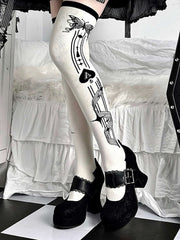 Black Cross Poker/Ace of Spades Butterfly Print Over-knee Stockings