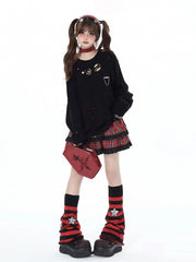 Red & Black Striped Punk Leg Warmers with Star Embellishments