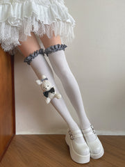 White Overknee Stockings with Black and White Plaided Ruffle Trim/Plush Rabbit Leg Loop