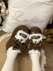 Round Toe Sweet Lolita  Brown Platform Shoes with Fleece-lined & Strawberry Snap