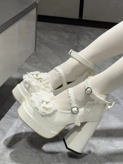 White Sweet Lolita Platform High Block Heel Mary Jane Shoes with Bow Accents and Lace Trim
