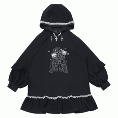 Dark Sweet-Grunge Doll Aesthetic Black Hoodie Dress with Metal Cross and Lace Decoration