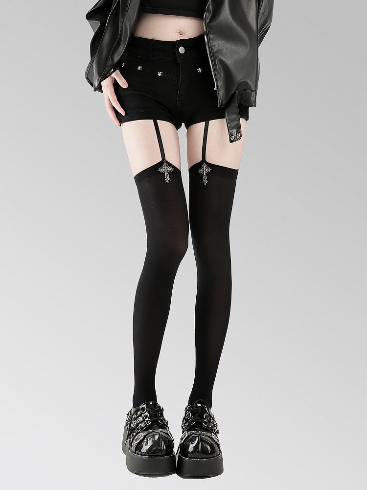 Gothic Style White/Black Metal Cross Suspender Stockings