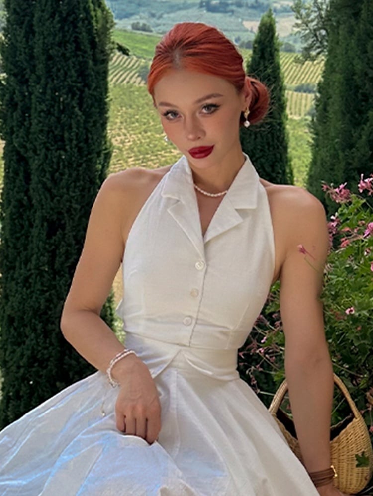 Vintage White Halter Neck Self-tie Straps Backless Top