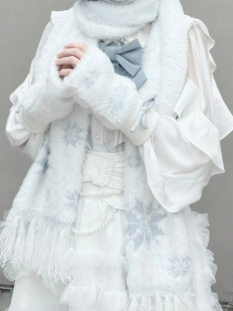 White Knit Fingerless Gloves with Silver Bowknot and Snowflake & Bead Accents