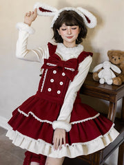 Red Sweet Winter Lolita Tiered Overall Dress + Bunny Ear Hairband