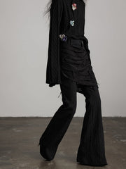 Urban Goth Black Ruched Patterns Flared Pants with Distressed Skirted Waist Cincher