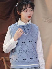 Blue Diamond Pattern Preppy Knit Vest with Bow and Teddy Bear Print