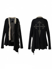 Vintage Punk Faux Two Piece Black Top with Back Cross Applique &  Striped Rhinestone Lining