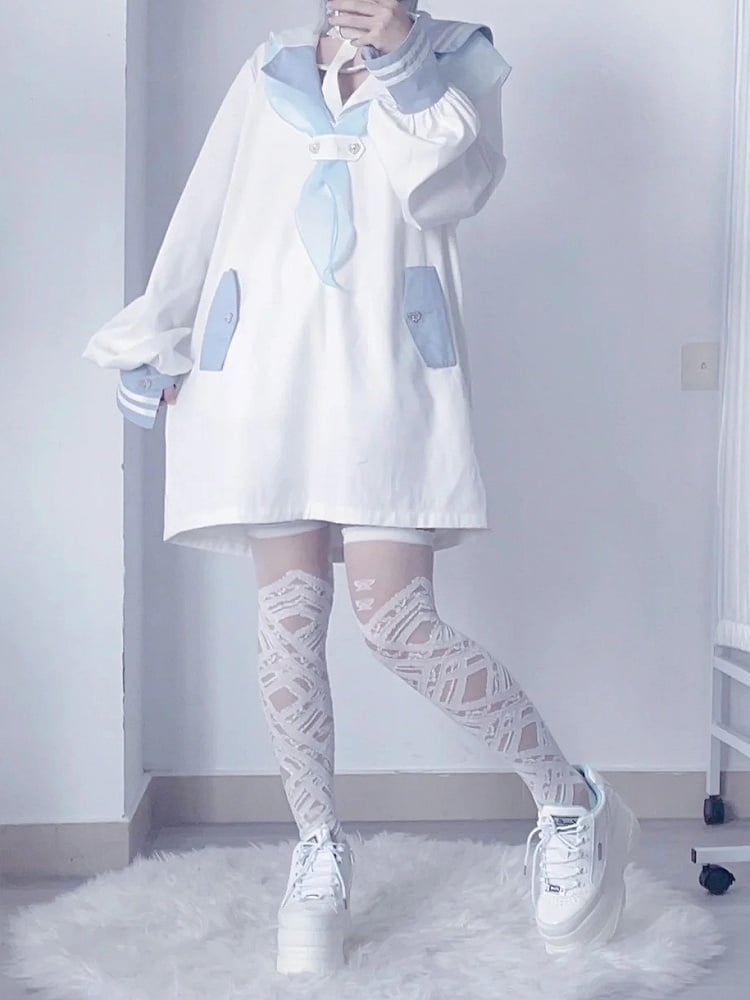 Jirai Kei White Long Top with Blue Sailor Collar & Cross Halter Neck