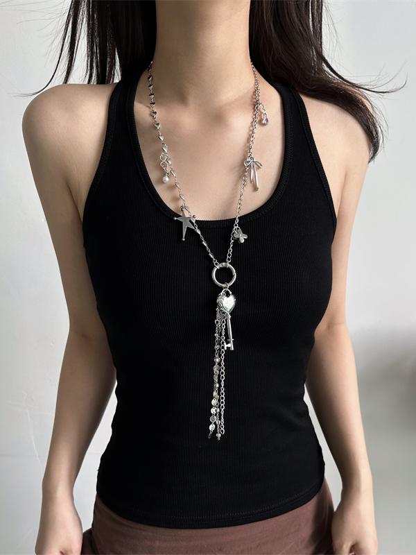 Y2K Long Silver Necklace With Heart Key Pendant