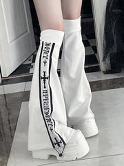 White Leg Warmers with Black Gothic Cross & Font Stripe