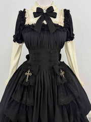 Black and Beige Old School Lolita Long Sleeves Gothic Dress Fake Two-pieces Design