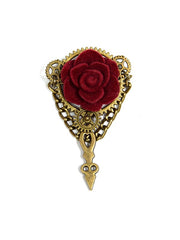 Handmade Wine Red Rose Decorated Steampunk Bronze Gear Brooch