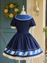 Dark Blue Summer Sailor Lolita Dress Embroidery Sailor Collar One Piece