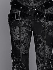 Straps Studs and Tassels Fringe Black Flared Jeans Dragon Pattern Coachella Outfits