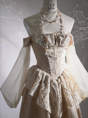 Cross Embroidery Champagne Handkerchief Hem Off Shoulder Dress