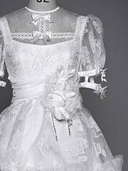 White Gothic Chiffon High Waist Puff Sleeves Dress