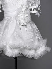 White Gothic Chiffon High Waist Puff Sleeves Dress