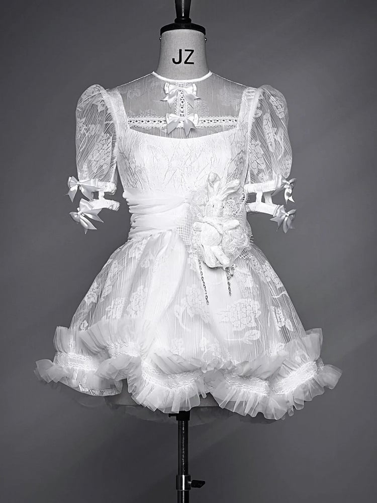 White Gothic Chiffon High Waist Puff Sleeves Dress