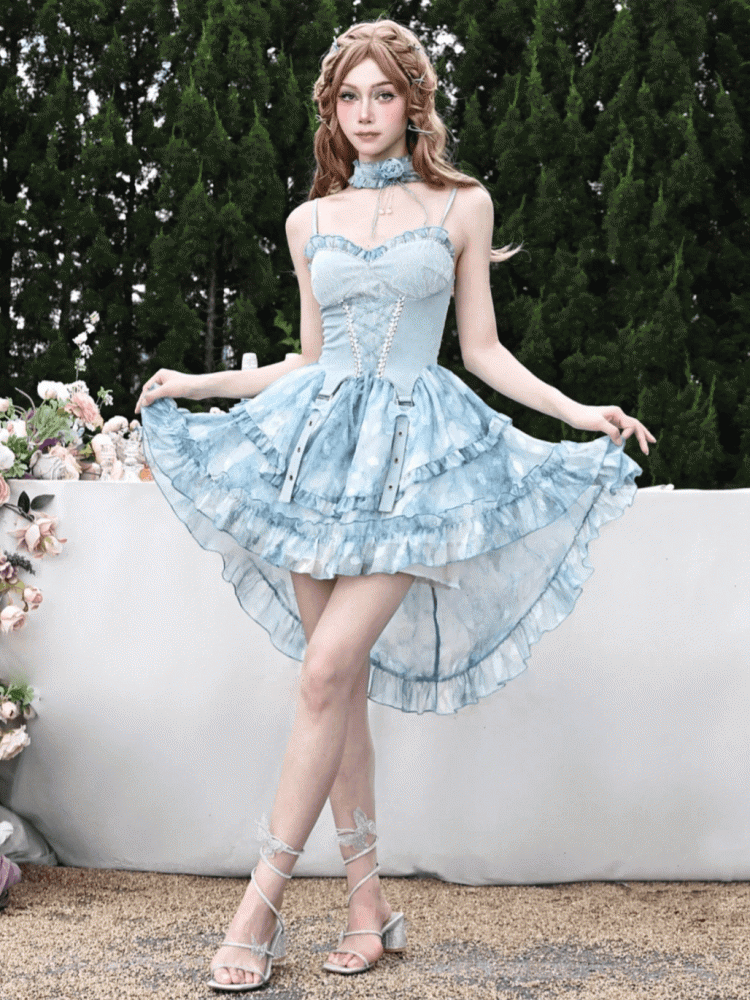 Lace-up Detail Ruffle Trim Blue Slip Dress High-low Skirt