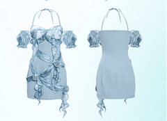 Halter Neck Blue Rosette Tie-dye Dress Ruffle Trim